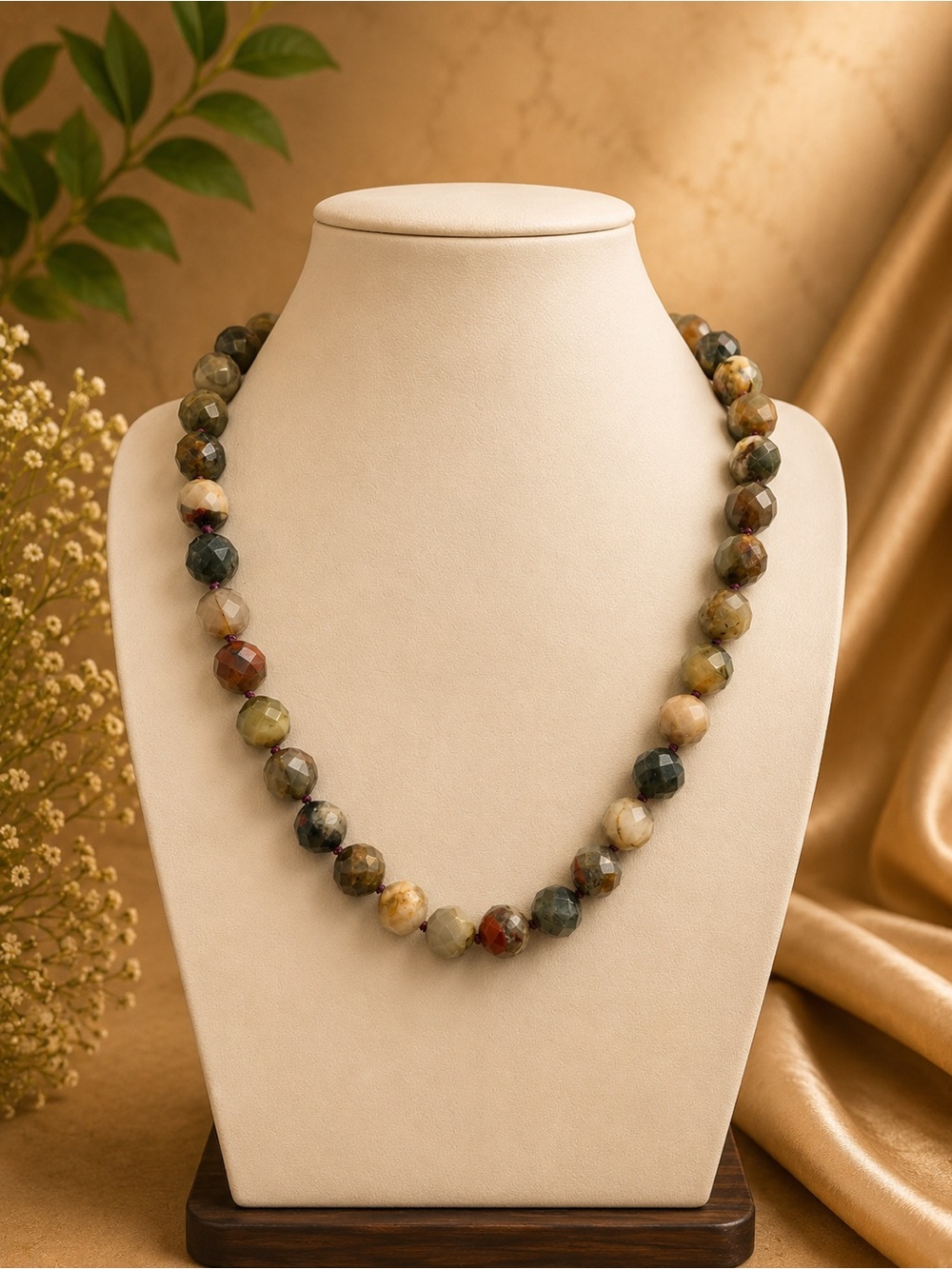 African Bloodstone 12mm Faceted Hand-Knotted Necklace on Purple Cord 18